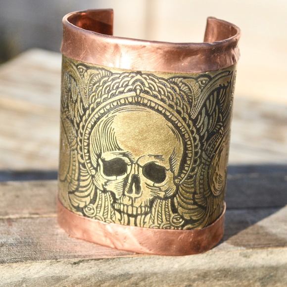 Conceptual Subculture Jewelry - Wide Solid Copper Skull Cuff Bracelet Brass Hippie